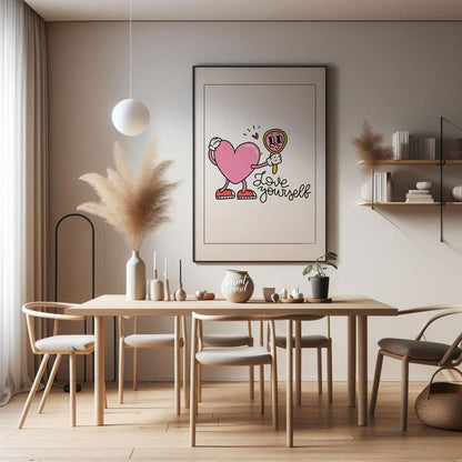 This adorable and quirky art print features a charming, cartoon-style pink heart character with arm… for dining room