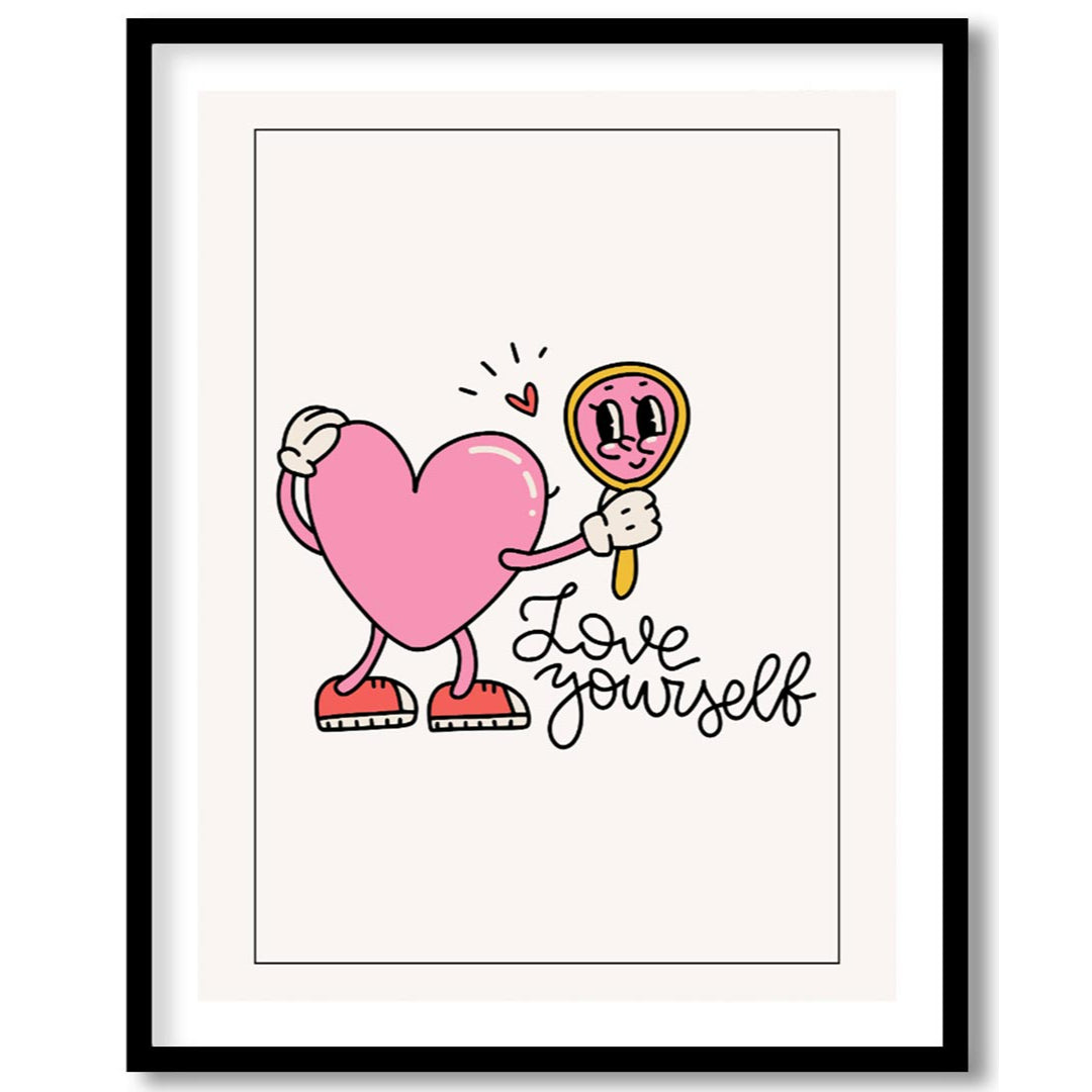 This adorable and quirky art print features a charming, cartoon-style pink heart character with arm… for house