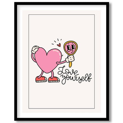This adorable and quirky art print features a charming, cartoon-style pink heart character with arm… for house