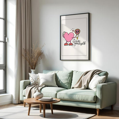 This adorable and quirky art print features a charming, cartoon-style pink heart character with arm… for living room