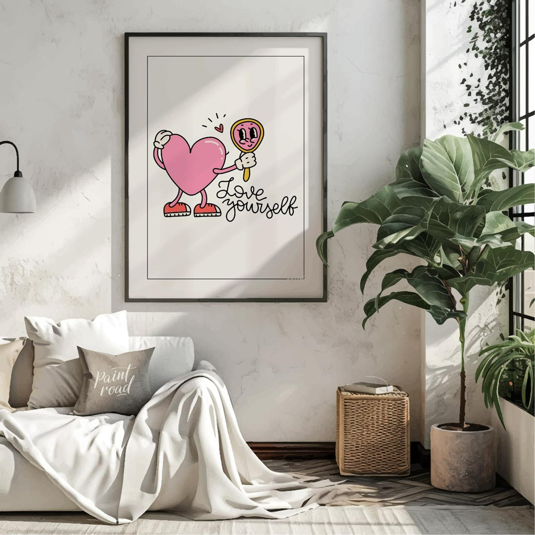 This adorable and quirky art print features a charming, cartoon-style pink heart character with arm… for living room