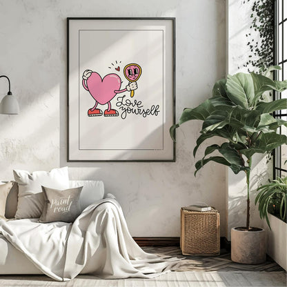 This adorable and quirky art print features a charming, cartoon-style pink heart character with arm… for living room