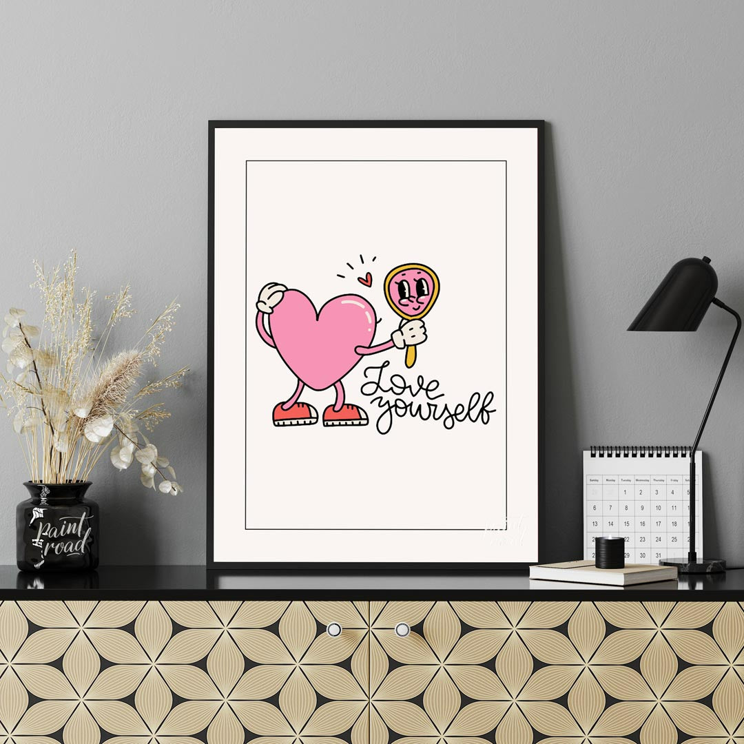 This adorable and quirky art print features a charming, cartoon-style pink heart character with arm… for office