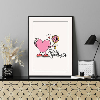 This adorable and quirky art print features a charming, cartoon-style pink heart character with arm… for office