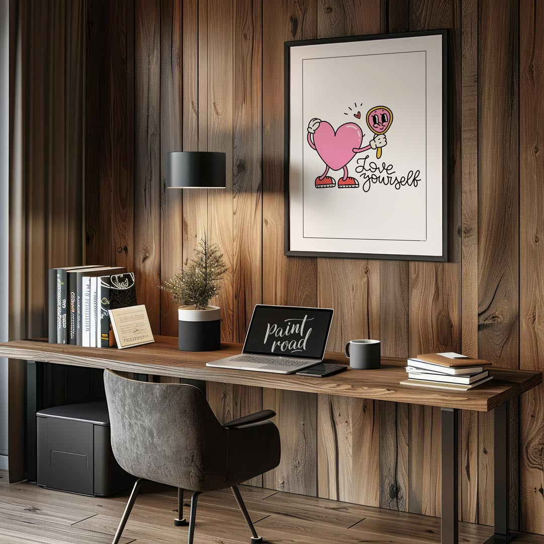 This adorable and quirky art print features a charming, cartoon-style pink heart character with arm… for office