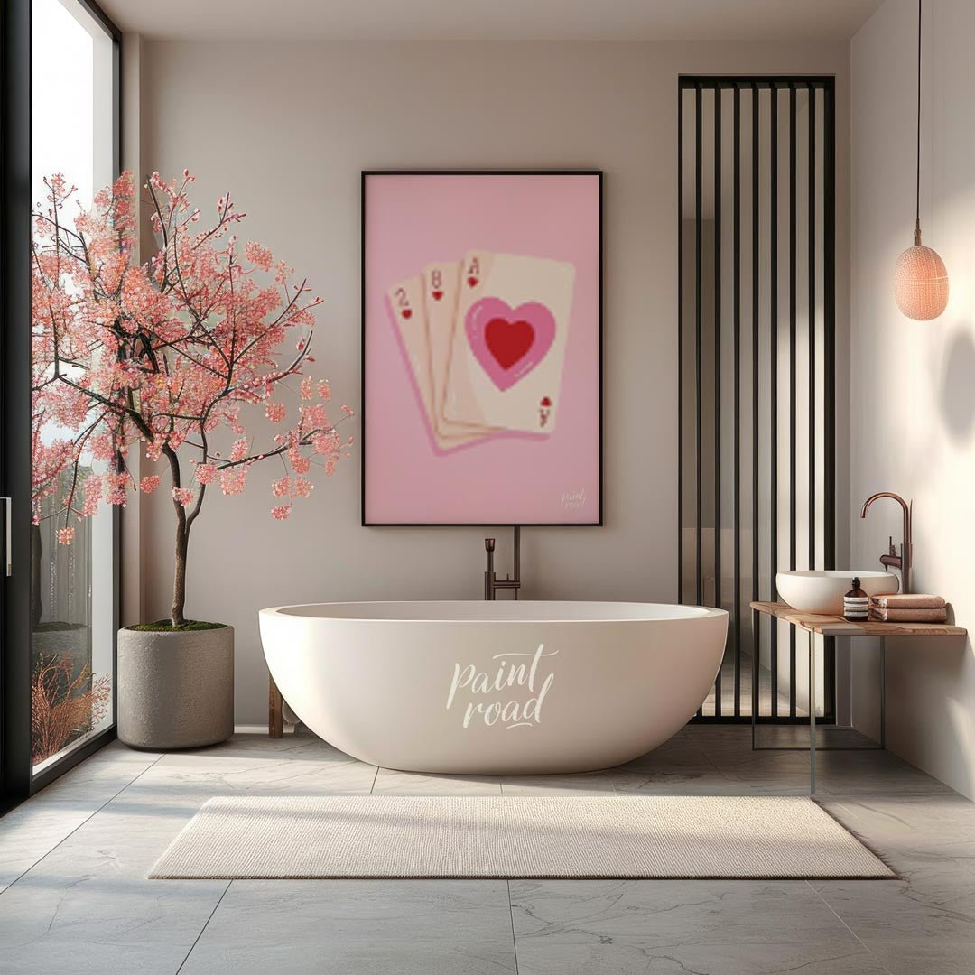 This charming and subtly romantic print features a hand of playing cards against a soft pink backgr… for bathroom