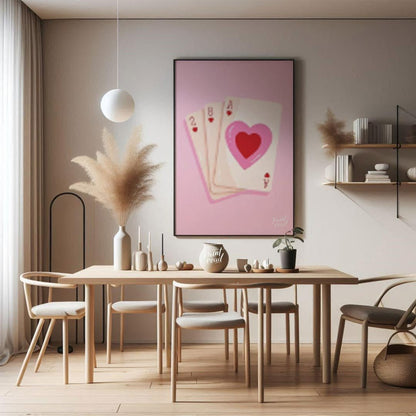 This charming and subtly romantic print features a hand of playing cards against a soft pink backgr… for dining room