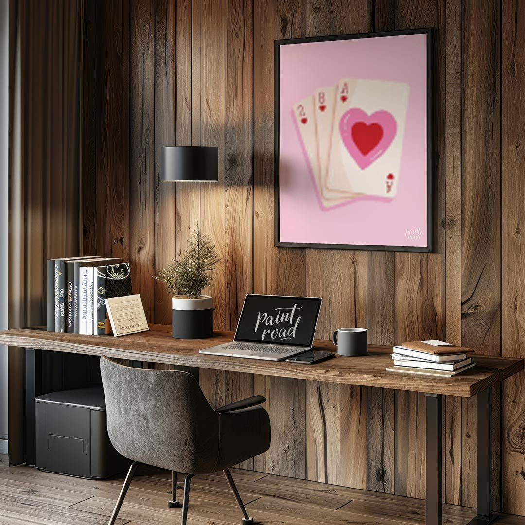 This charming and subtly romantic print features a hand of playing cards against a soft pink backgr… for office