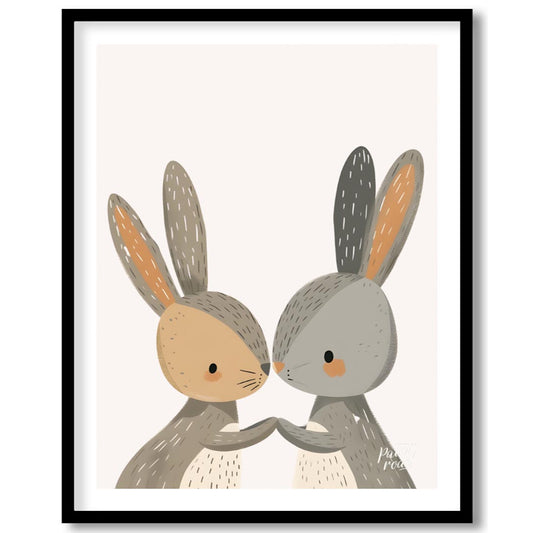 This endearing illustration captures a tender moment between two adorable rabbits, their noses gent… for abode