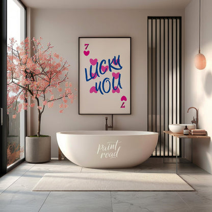 This playful and visually striking graphic features the phrase “LUCKY YOU” in bold, brushstroke-sty… for bathroom