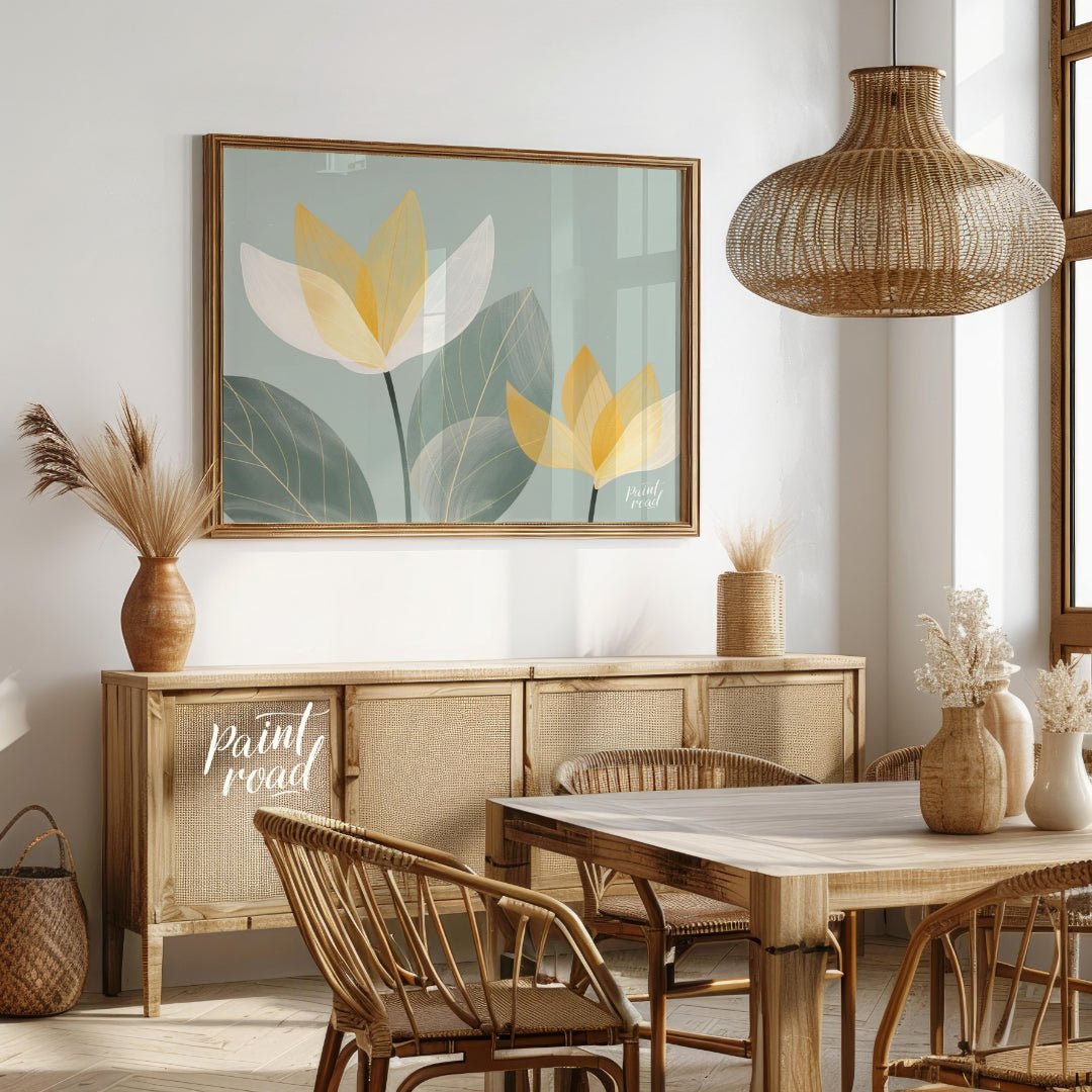 This serene digital illustration features stylized flowers with translucent petals in shades of whi… for dining room