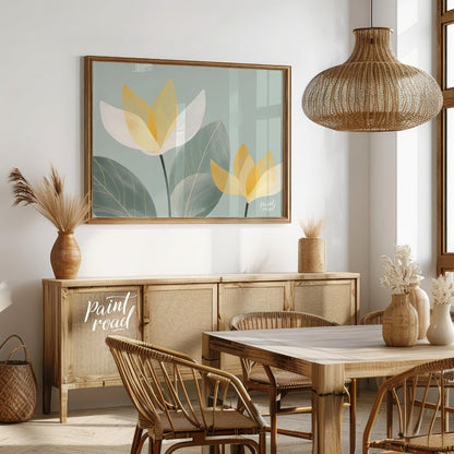 This serene digital illustration features stylized flowers with translucent petals in shades of whi… for dining room