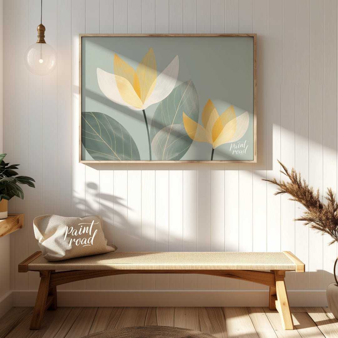 This serene digital illustration features stylized flowers with translucent petals in shades of whi… for entryway
