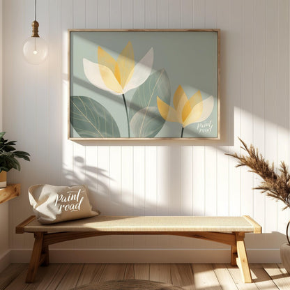 This serene digital illustration features stylized flowers with translucent petals in shades of whi… for entryway