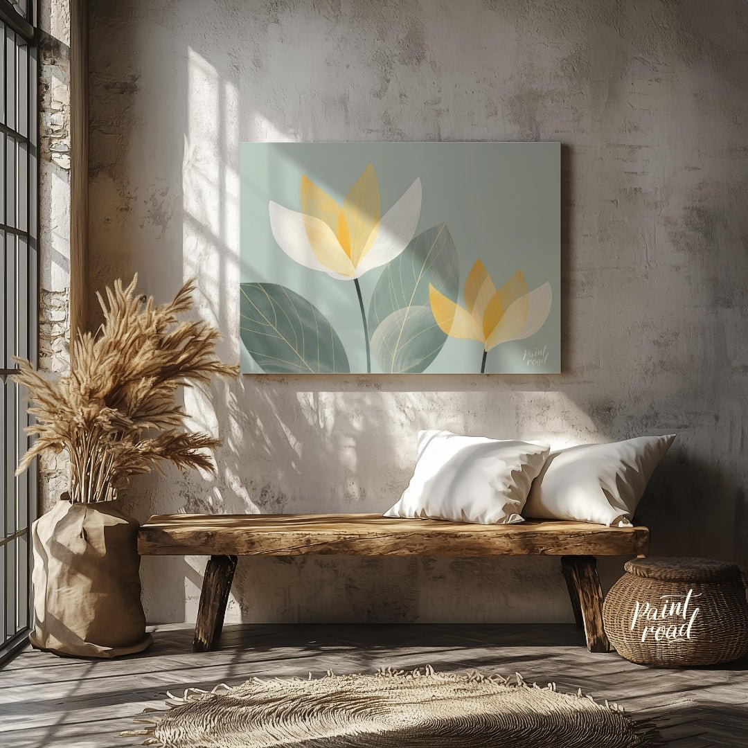 This serene digital illustration features stylized flowers with translucent petals in shades of whi… for entryway
