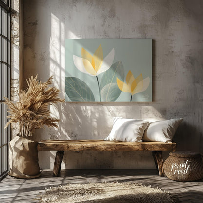 This serene digital illustration features stylized flowers with translucent petals in shades of whi… for entryway