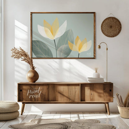 This serene digital illustration features stylized flowers with translucent petals in shades of whi… for living room