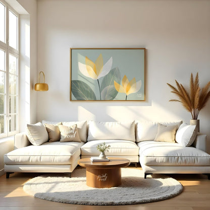 This serene digital illustration features stylized flowers with translucent petals in shades of whi… for living room