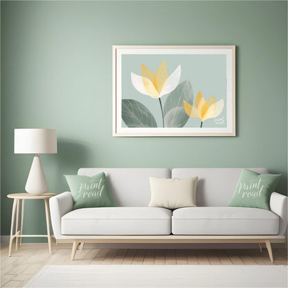 This serene digital illustration features stylized flowers with translucent petals in shades of whi… for living room