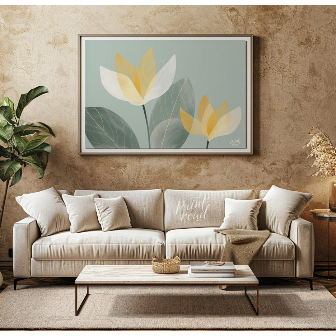 This serene digital illustration features stylized flowers with translucent petals in shades of whi… for living room