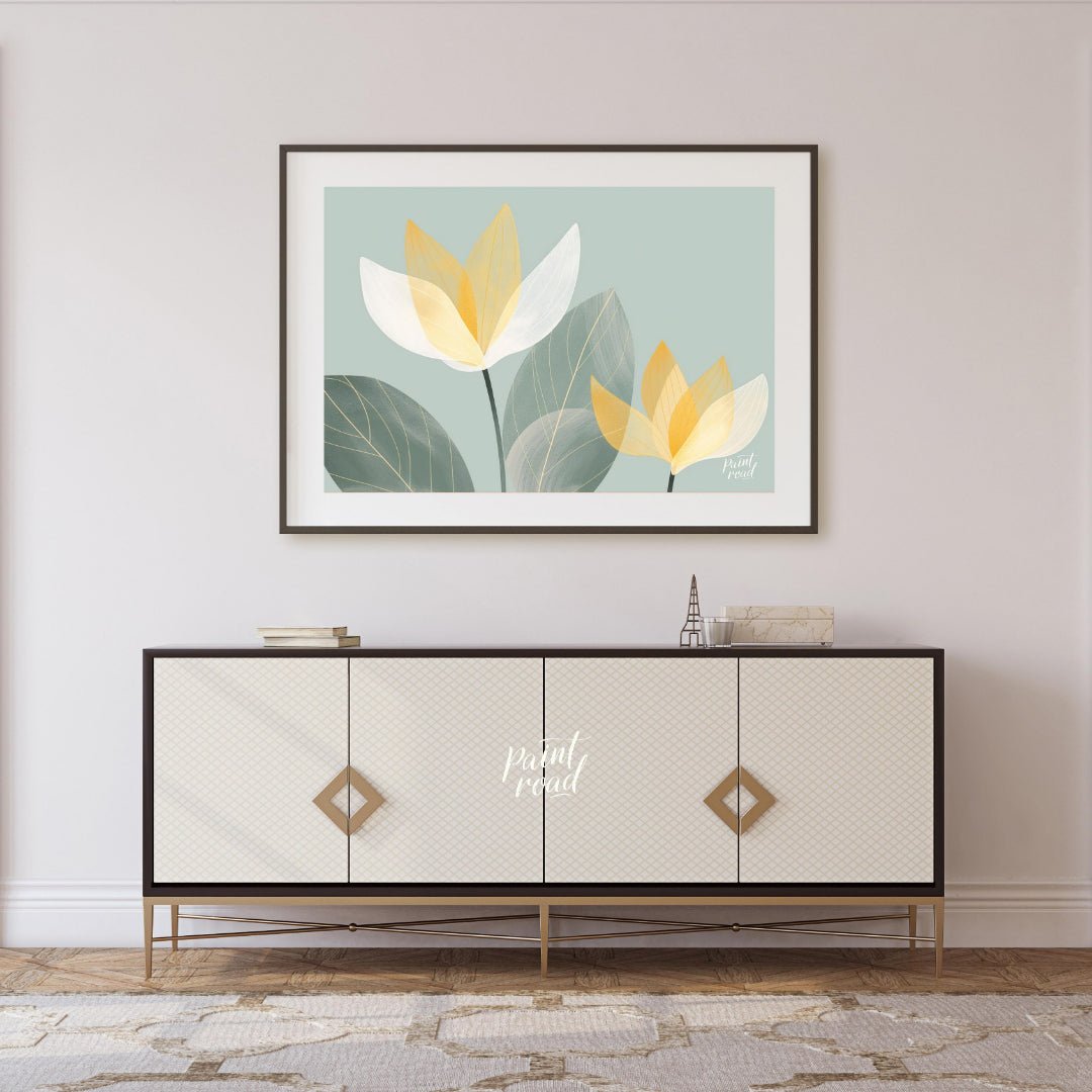 This serene digital illustration features stylized flowers with translucent petals in shades of whi… for living room