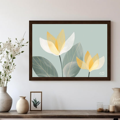 This serene digital illustration features stylized flowers with translucent petals in shades of whi… for living room