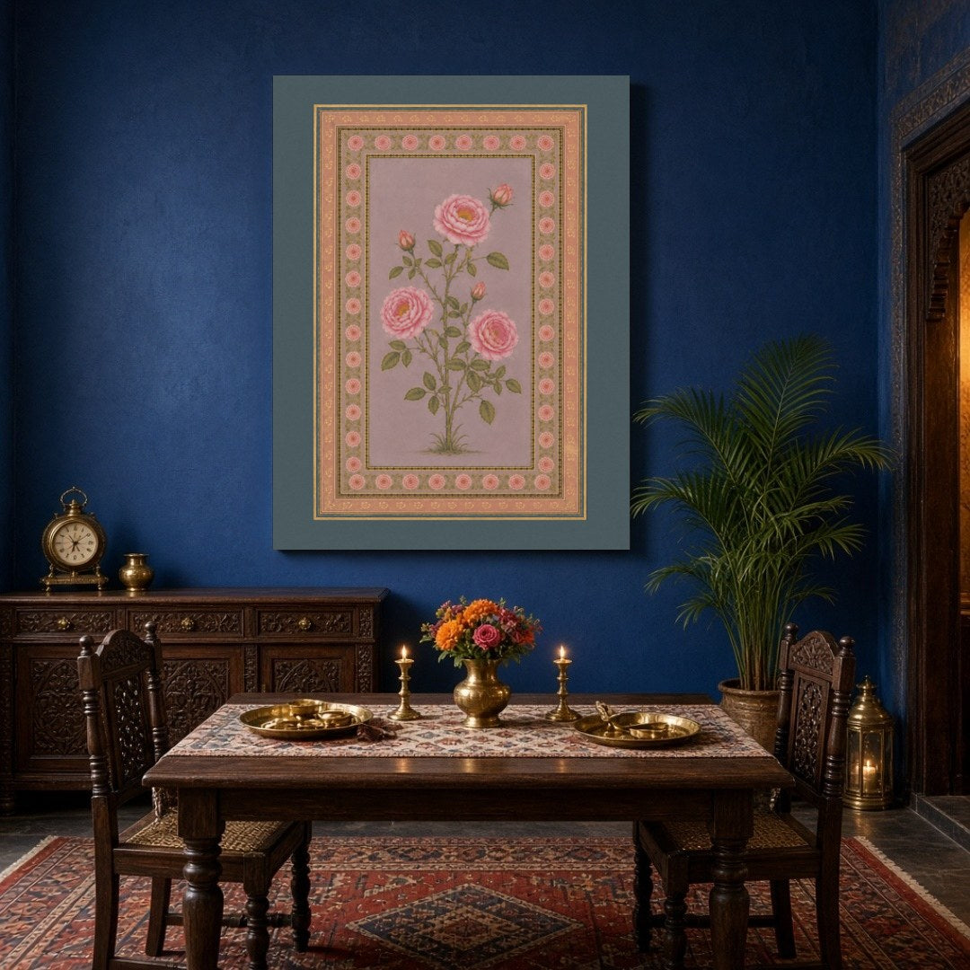 Experience the elegance of Indo-Mughal artistry with this exquisite botanical art depicting pink for Dining