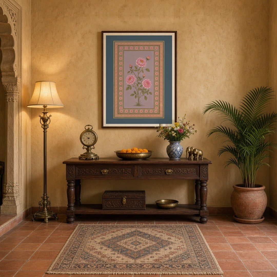 Experience the elegance of Indo-Mughal artistry with this exquisite botanical art depicting pink for Entrance