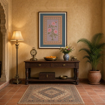 Experience the elegance of Indo-Mughal artistry with this exquisite botanical art depicting pink for Entrance