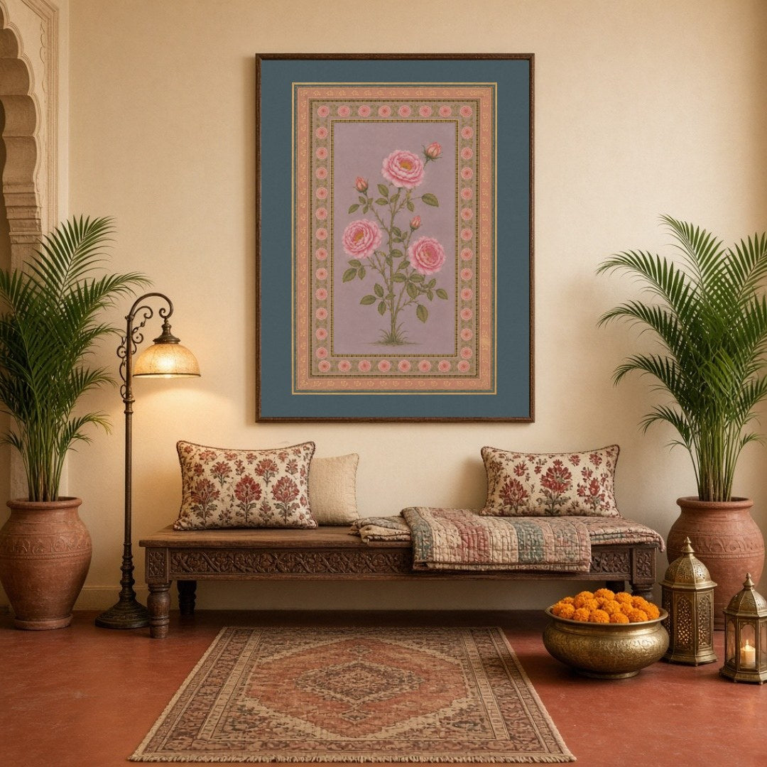 Experience the elegance of Indo-Mughal artistry with this exquisite botanical art depicting pink for Hallway