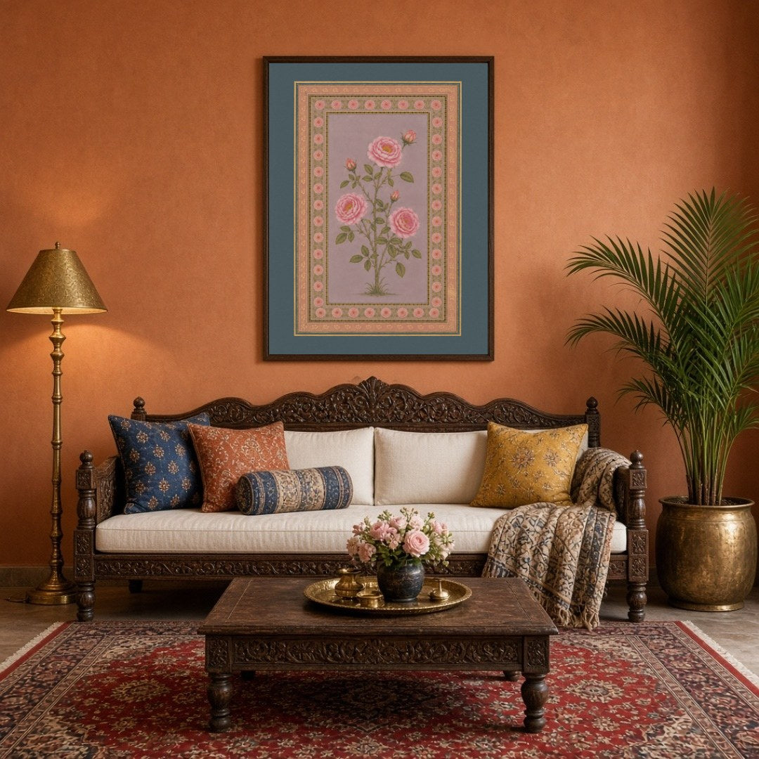 Experience the elegance of Indo-Mughal artistry with this exquisite botanical art depicting pink for Living Room