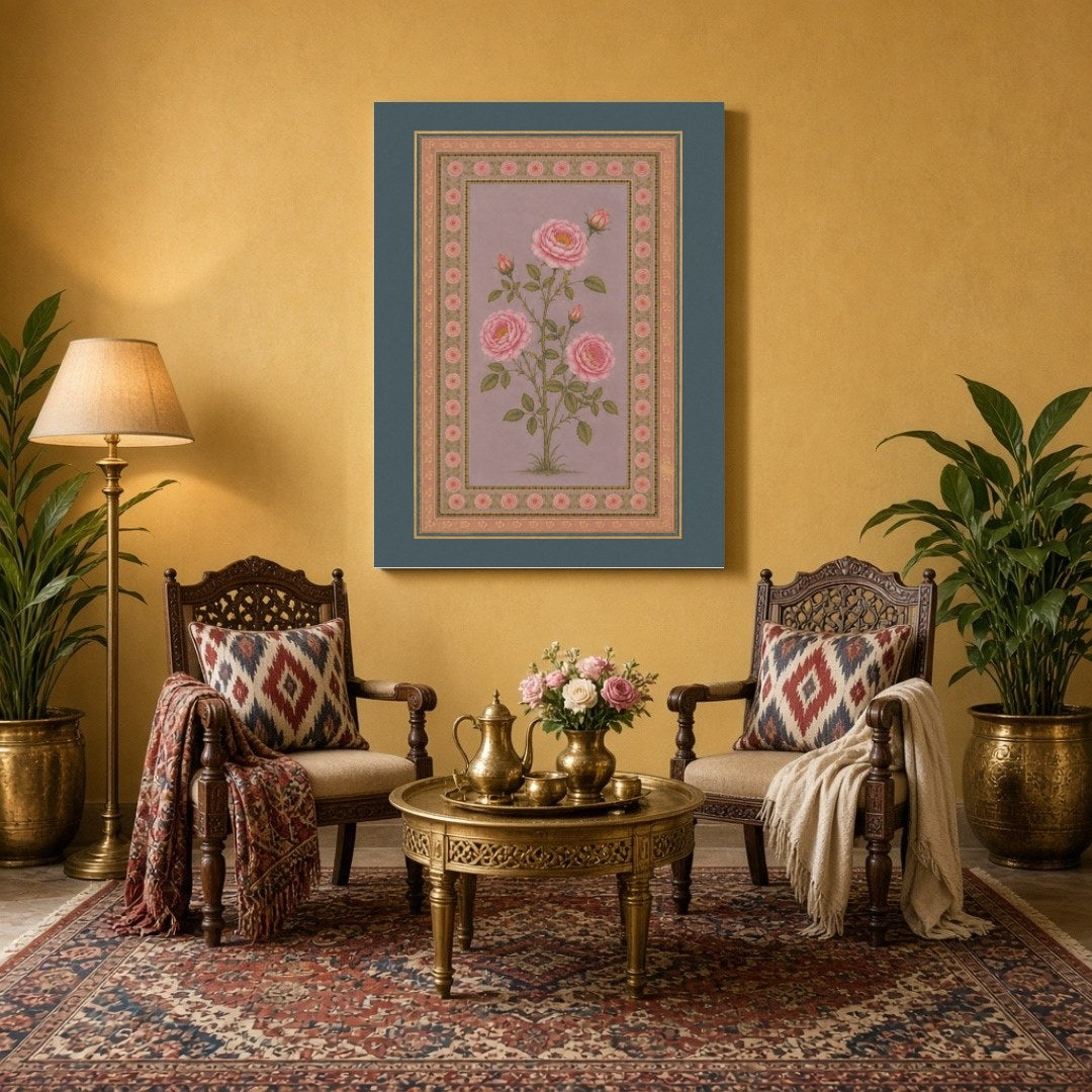 Experience the elegance of Indo-Mughal artistry with this exquisite botanical art depicting pink for Sitting Area