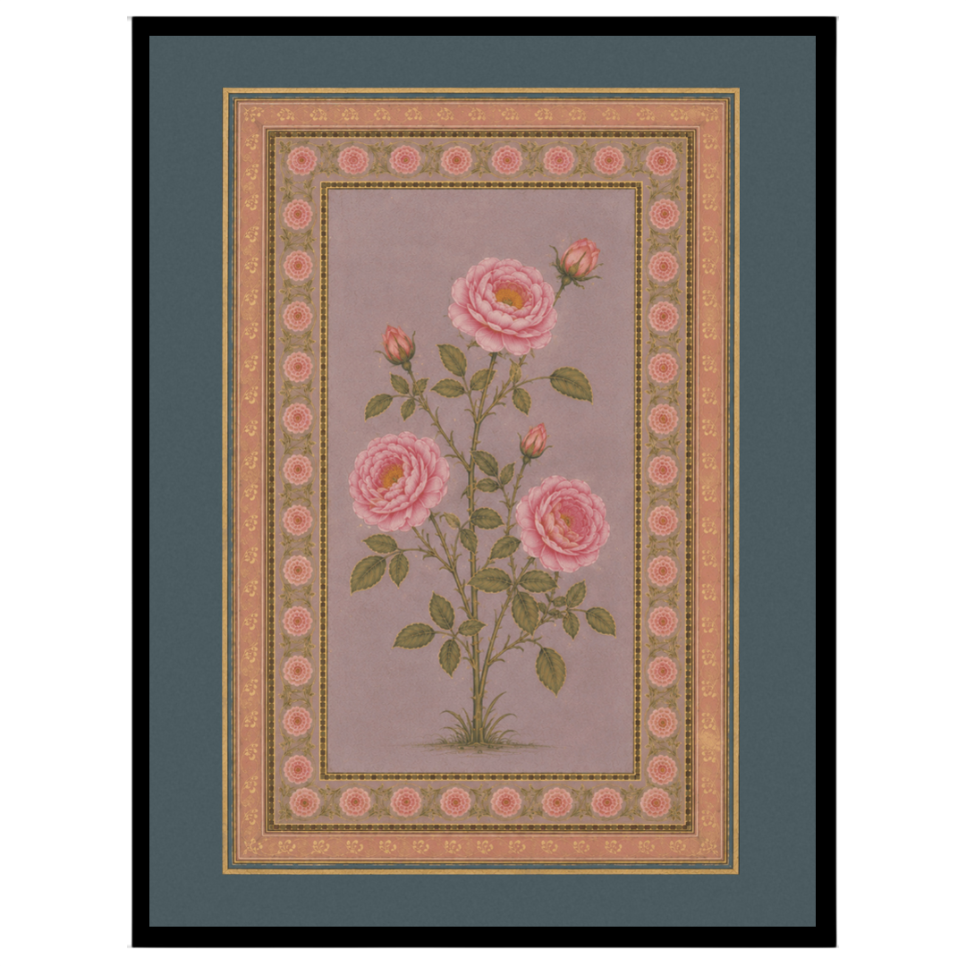 Experience the elegance of Indo-Mughal artistry with this exquisite botanical art depicting pink for space