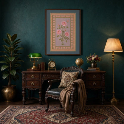 Experience the elegance of Indo-Mughal artistry with this exquisite botanical art depicting pink for Study