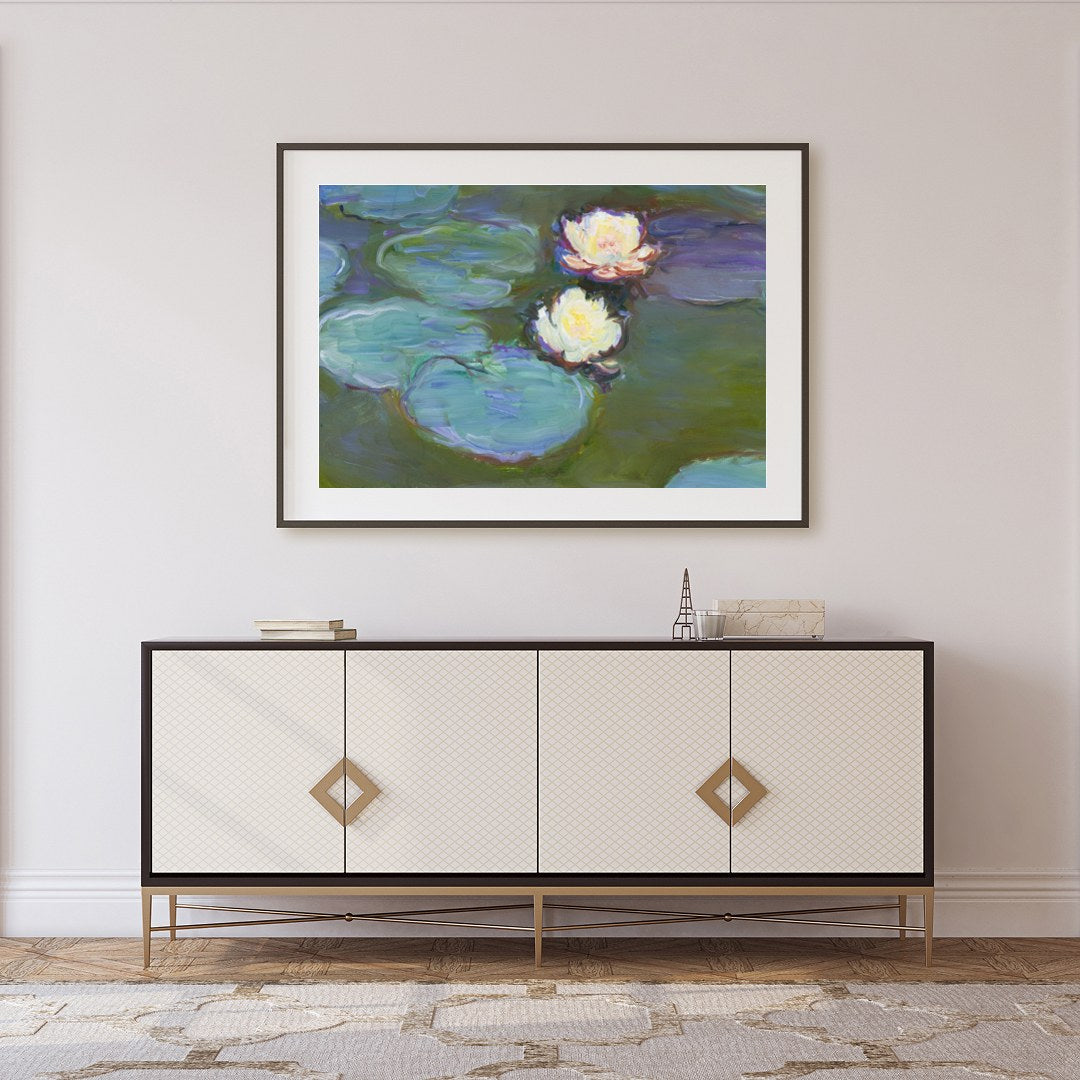 Experience the tranquil beauty of water lilies floating gracefully on serene waters. This stunning for Foyer