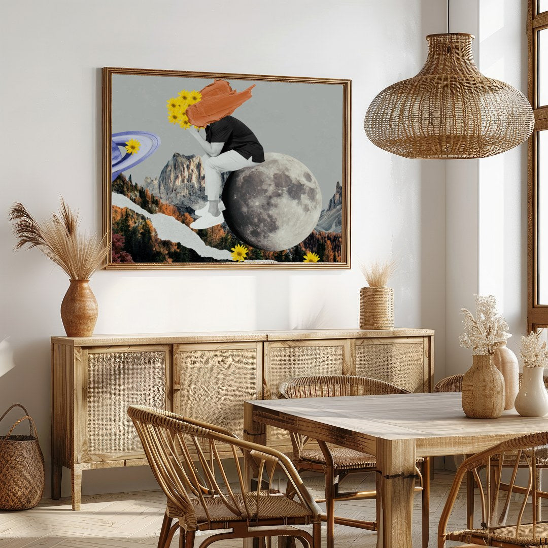This captivating collage combines abstract surrealism with vibrant colors, creating a harmonious for Dining
