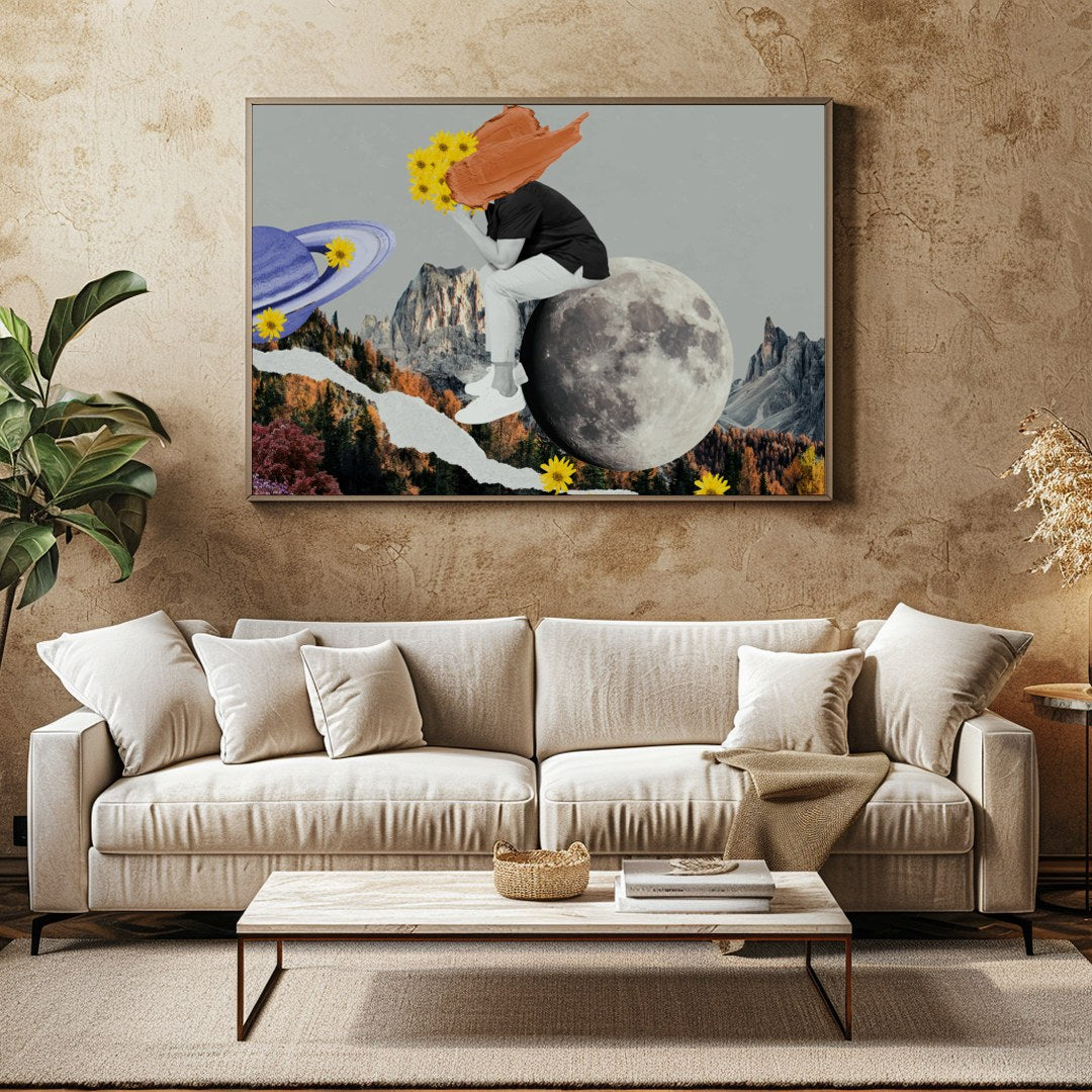 This captivating collage combines abstract surrealism with vibrant colors, creating a harmonious for Family Room