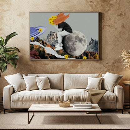 This captivating collage combines abstract surrealism with vibrant colors, creating a harmonious for Family Room