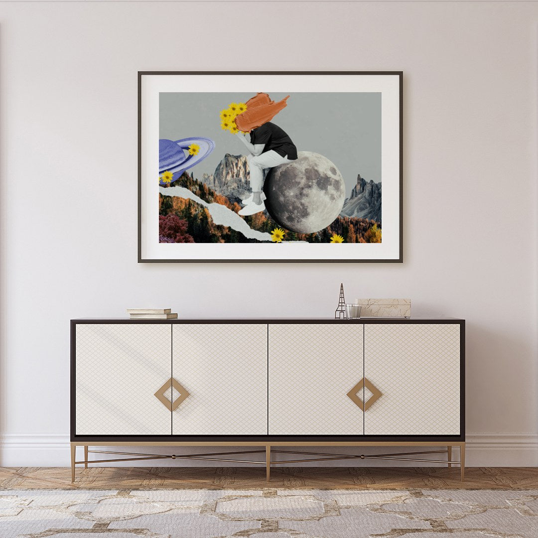 This captivating collage combines abstract surrealism with vibrant colors, creating a harmonious for Foyer
