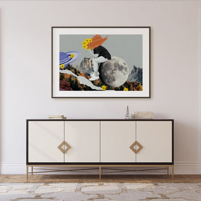 This captivating collage combines abstract surrealism with vibrant colors, creating a harmonious for Foyer