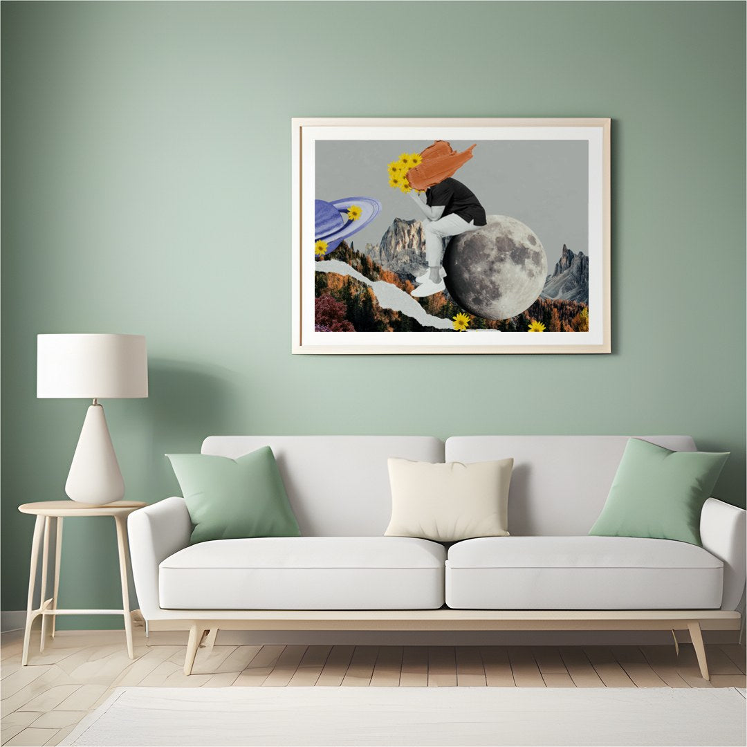 This captivating collage combines abstract surrealism with vibrant colors, creating a harmonious for Hall