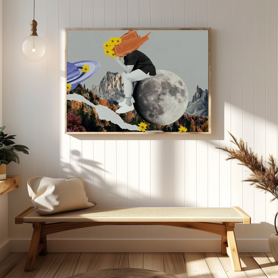 This captivating collage combines abstract surrealism with vibrant colors, creating a harmonious for Hallway
