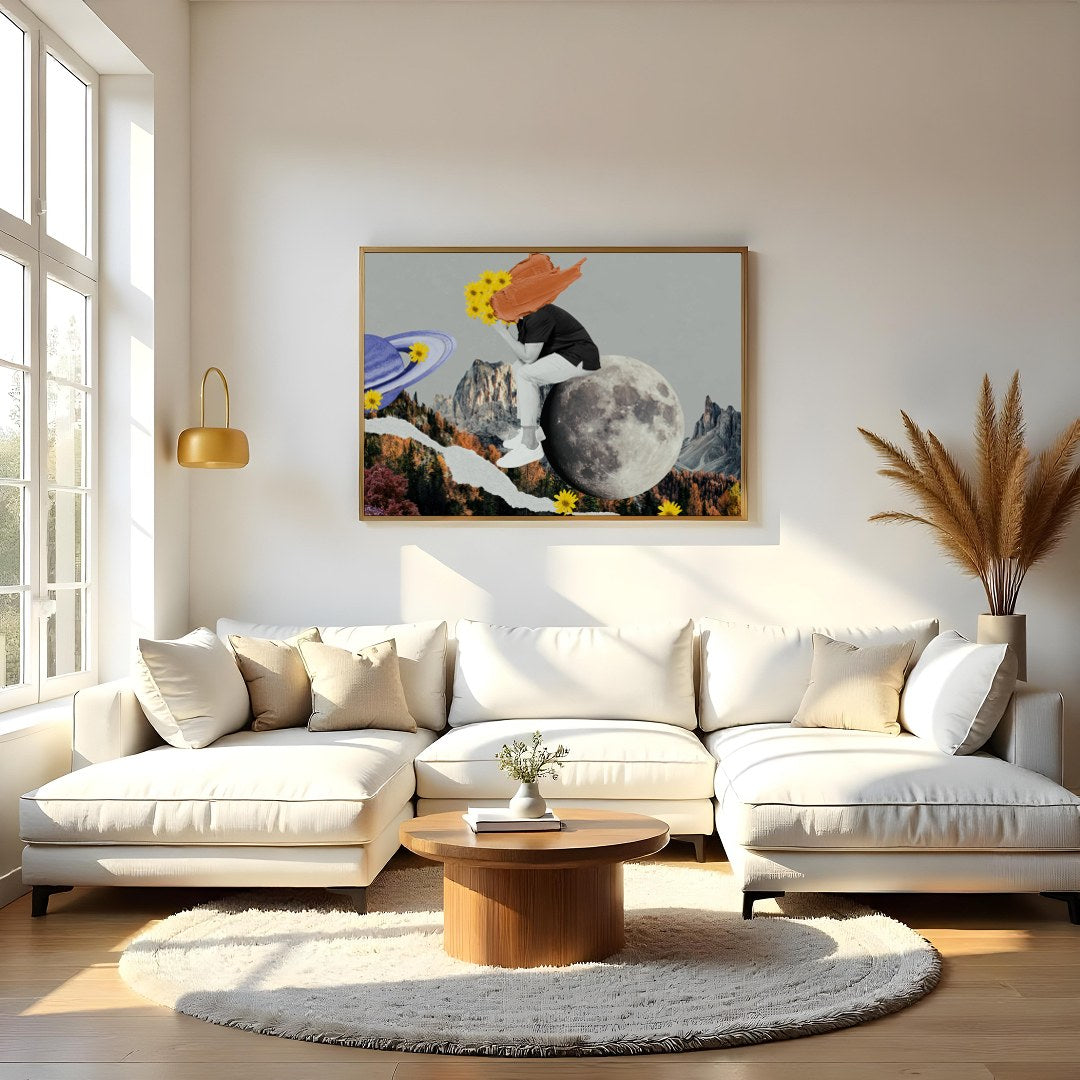 This captivating collage combines abstract surrealism with vibrant colors, creating a harmonious for Living Room