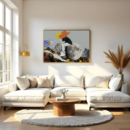 This captivating collage combines abstract surrealism with vibrant colors, creating a harmonious for Living Room