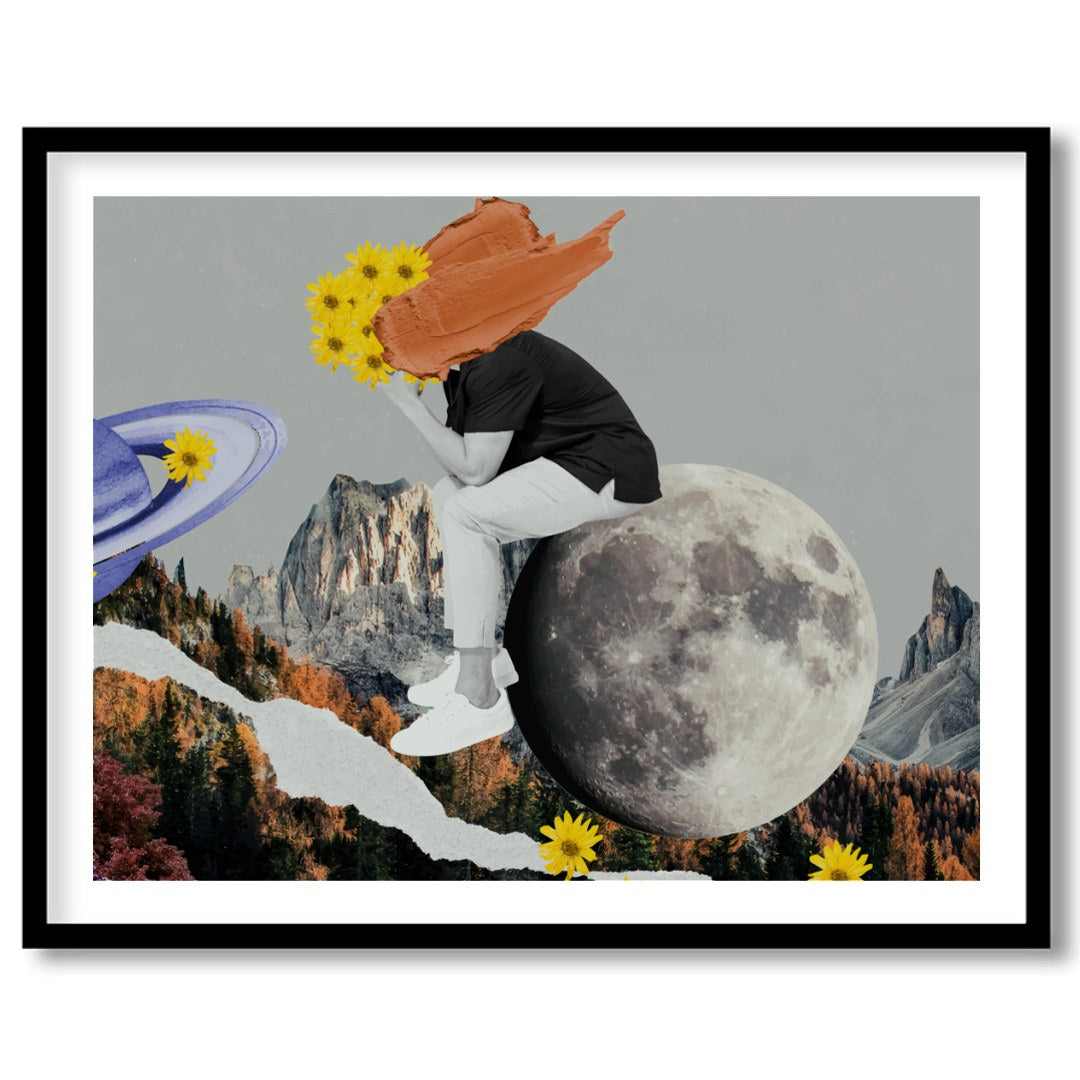 This captivating collage combines abstract surrealism with vibrant colors, creating a harmonious for nook