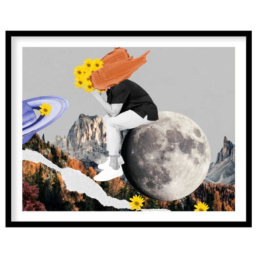 This captivating collage combines abstract surrealism with vibrant colors, creating a harmonious for nook