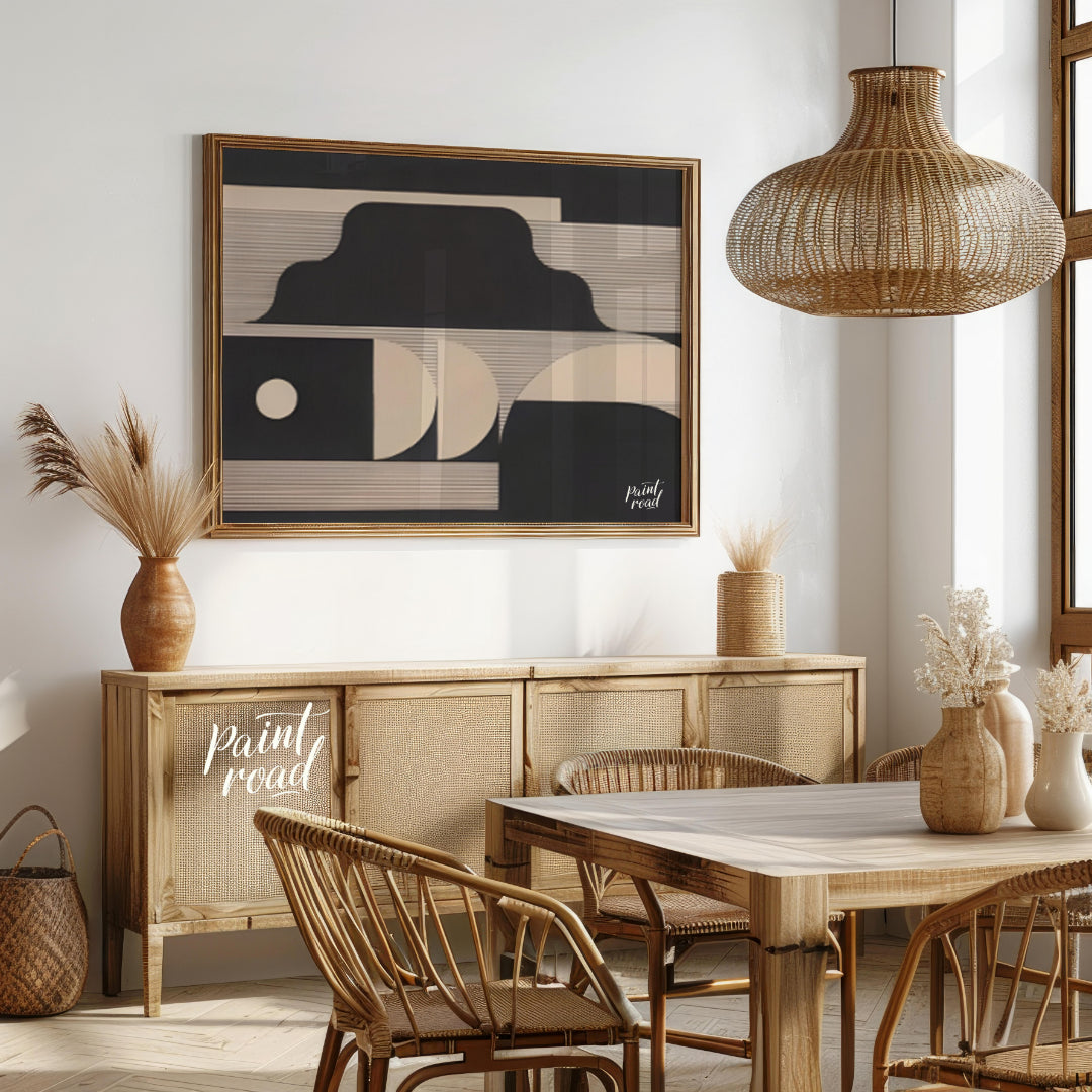 """Lunar Geometry"" presents a striking composition of geometric shapes in contrasting black and li… for dining room