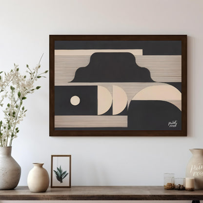 """Lunar Geometry"" presents a striking composition of geometric shapes in contrasting black and li… for dining room