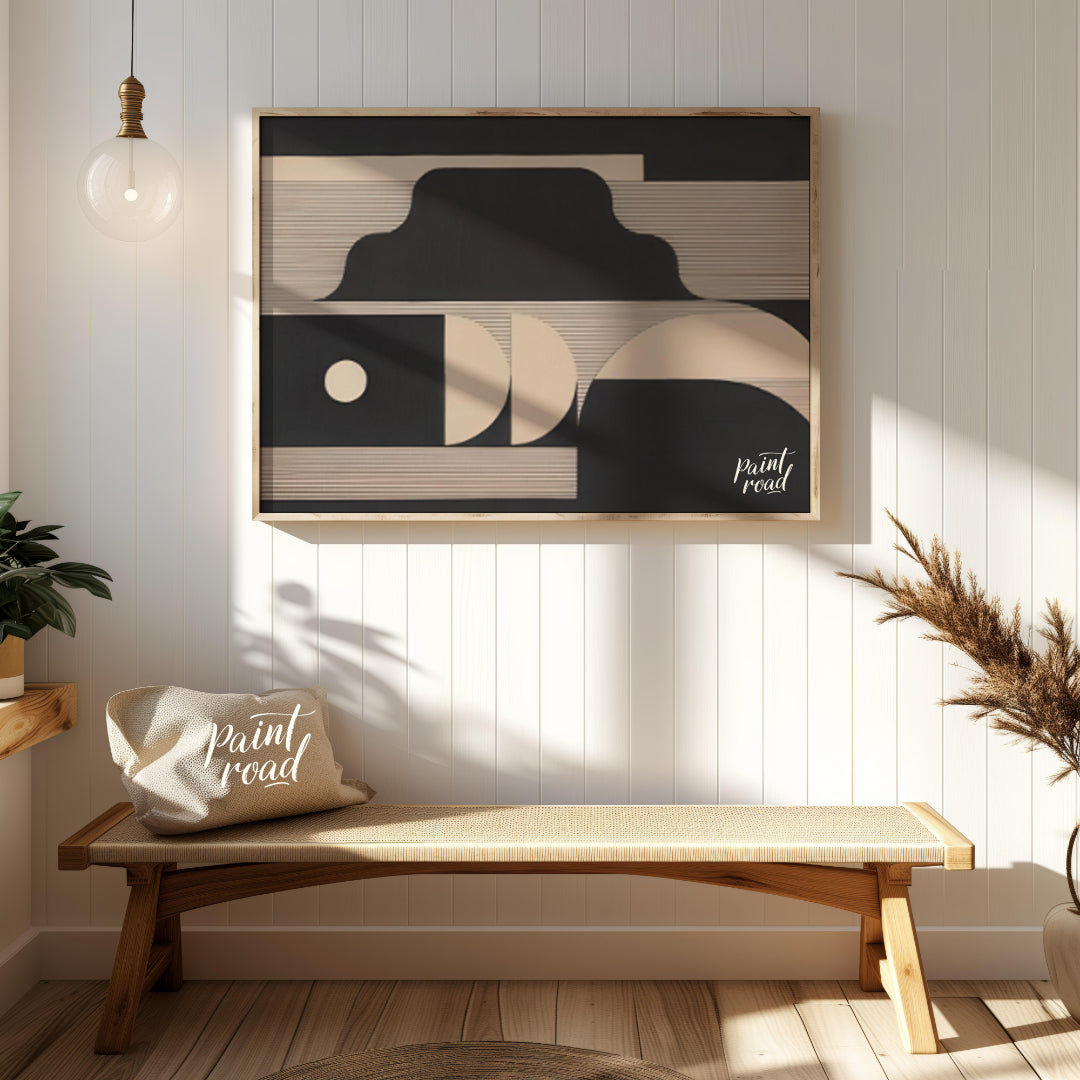 """Lunar Geometry"" presents a striking composition of geometric shapes in contrasting black and li… for entryway