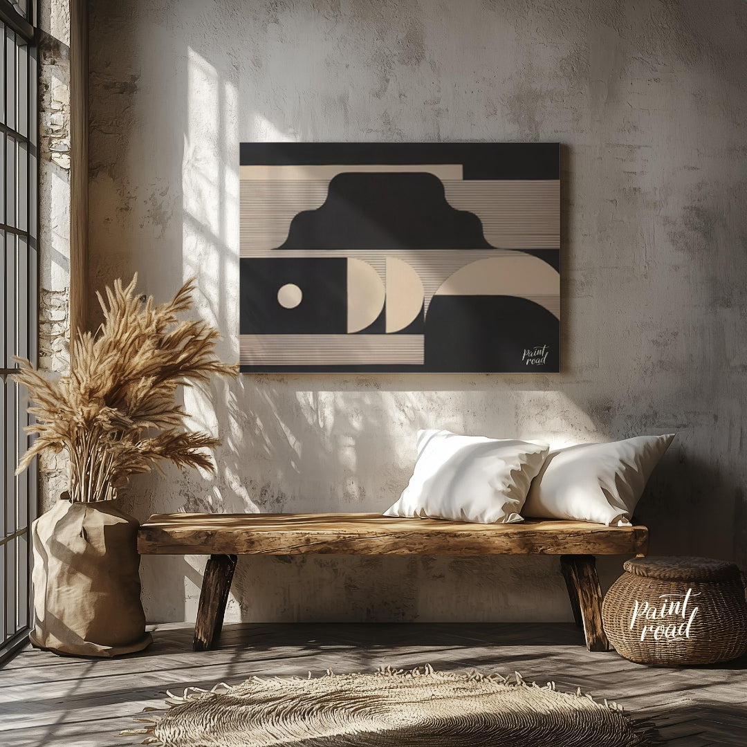 """Lunar Geometry"" presents a striking composition of geometric shapes in contrasting black and li… for entryway